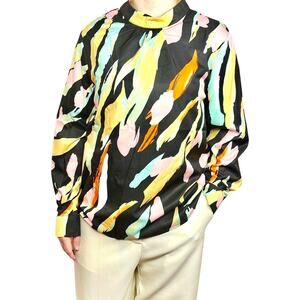 Boutique Blouse Women's M Black Pastel Feather Print Round Neck Professional NWT